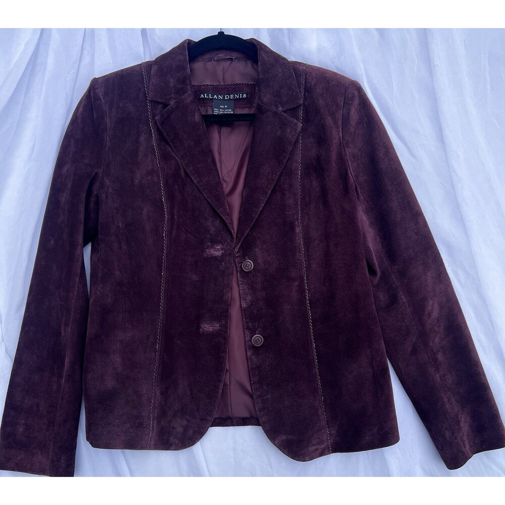 Vintage 90s Allan Denis Burgundy Suede 100% Leather Blazer Jacket Women’s M - Picture 10 of 16
